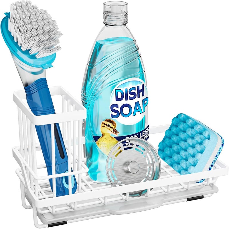 Consumest Sponge Holder for Kitchen Sink - Sink Caddy Organizer with Removable Drip Tray for Countertop Dish Soap Dispenser Brush Storage Kitchen Accessories 304 Stainless Steel, White - Image 1
